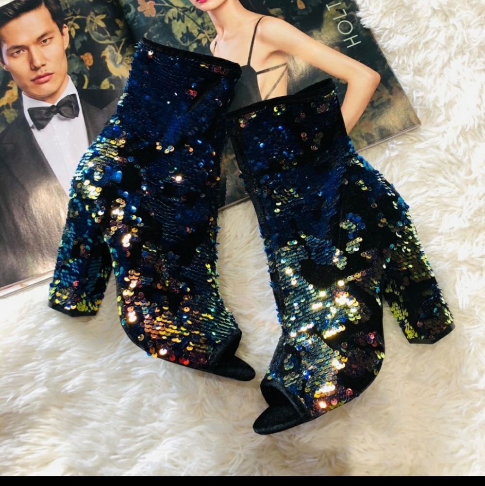 Mermaid Sequin Open Toe Party Ankle Boot Sz 8
